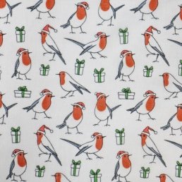 Christmas Robins on White PolyCotton Fabric
