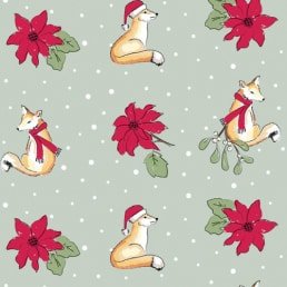 Christmas Foxes on Sage Cotton Fabric