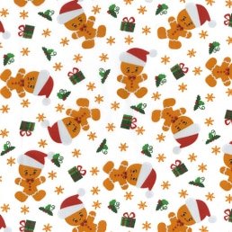 Gingerbread Men with Santa Hats on White PolyCotton Fabric