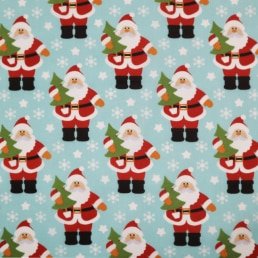 Santa Claus and Christmas Tree on Sky Blue PolyCotton Fabric