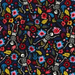 Floral Skeletons on Black Cotton Fabric