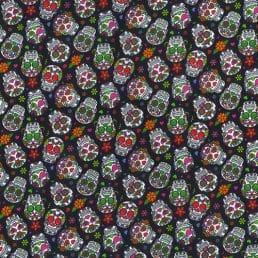 Rainbow Day of Dead Skulls on Black Cotton Fabric