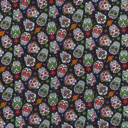 Rainbow Day of Dead Skulls on Black Cotton Fabric (10cm x 10cm Swatch)