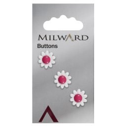 White and Cerise Flower 13mm buttons | Pack of 3
