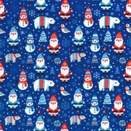 Blue Santa and Snowman on PolyCotton Fabric